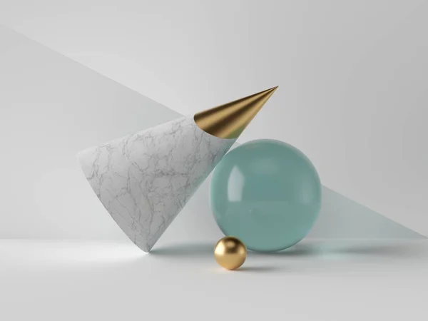 3d abstract simple geometric shapes on white background, marble cone, blue glass aquamarine sphere, golden ball, minimalist objects, classy decor elements, modern clean design — 스톡 사진