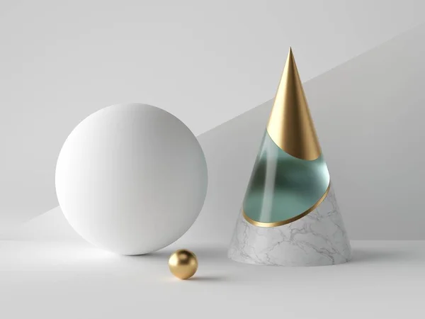白の背景に3D抽象的な単純な幾何学的形状、青金大理石コーン、アクアマリンガラス、空白の球、黄金のボール、ミニマリストオブジェクト、上品な装飾要素、近代的なクリーンデザイン — ストック写真