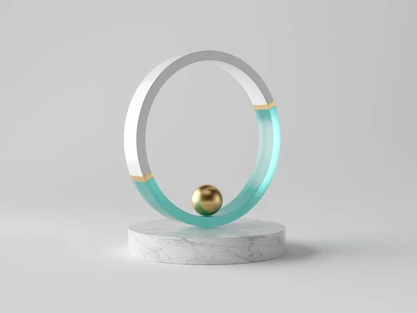 3d decoração abstrata, pequena bola de ouro dentro anel decorativo no pódio de mármore, isolado no fundo branco, vidro azul, design minimalista limpo, objeto moderno sofisticado — Fotografia de Stock