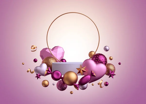 3d render. Valentine's day template isolated on pink background. Round gold frame. Blank podium, empty pedestal, showcase. Balls, candy, bonbon, sweets, wrapped chocolates, heart balloons, serpentine — 스톡 사진