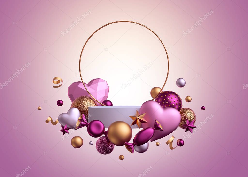 3d render. Valentine's day template isolated on pink background. Round gold frame. Blank podium, empty pedestal, showcase. Balls, candy, bonbon, sweets, wrapped chocolates, heart balloons, serpentine