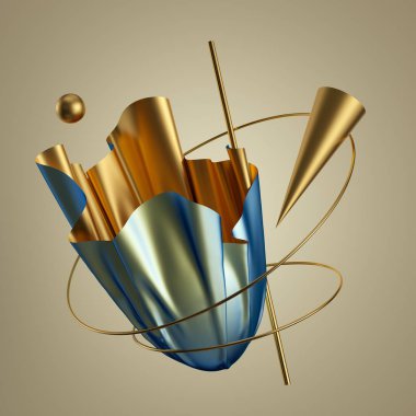 3 boyutlu görüntüleme. Modern asgari soyut arkaplan. Altın mavisi katlanmış kumaş, tekstil kumaş, metalik kumaş, holografik folyo, geometrik ilkel. Yerçekimi. Moda konsepti. Ayrı nesneler.