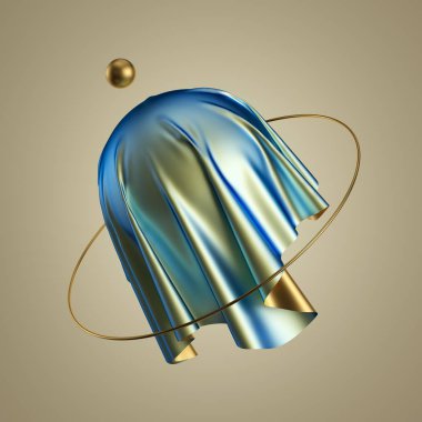 3 boyutlu görüntüleme. Modern asgari soyut arkaplan. Altın mavisi katlanmış kumaş, tekstil kumaşı, metalik kumaş, holografik folyo, halkanın içinden uçuyor. Yer çekimi sıfır. Moda konsepti. Ayrı nesneler.