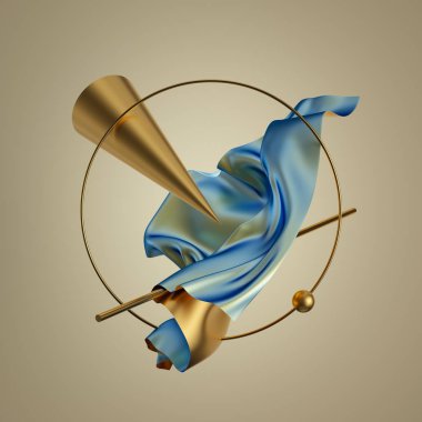 3 boyutlu görüntüleme. Modern asgari soyut arkaplan. Altın mavisi katlanmış kumaş, tekstil kumaş, metalik kumaş, holografik folyo, geometrik ilkel. Moda konsepti. Ayrı nesneler, yuvarlak çerçeve