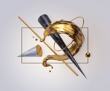 3 boyutlu görüntüleme. Altın sıçrama, sıçrama dalgası, sıvı altın, beyaz arka planda izole edilmiş uçan ilkel şekiller. Soyut geometrik tasarım. Modern minimal stil. Mermer koni, top, tüp.