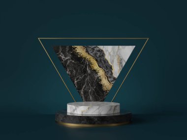 3 boyutlu, soyut yeşil arkaplan, siyah beyaz mermer desenli, altın folyolu. Silindir kaidesi, podyum, vitrin standı. Üçgen levha, üçgen şekil, sanat deco tasarımı, lüks minimal model