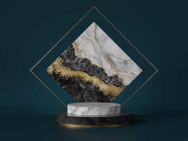3 boyutlu, soyut yeşil arkaplan, siyah beyaz mermer desenli, altın folyolu. Silindir kaidesi, podyum, vitrin standı. Kare levha, eşkenar dörtgen şekil, sanat deco tasarımı, lüks minimal model