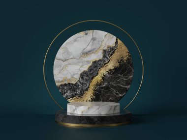 3 boyutlu, soyut yeşil arkaplan, siyah beyaz mermer desenli, altın folyolu. Silindir kaidesi, podyum, vitrin standı. Yuvarlak levha şekli, sanat deco tasarımı, en az lüks model.