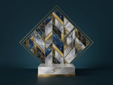 3D görüntüleme, mermer mozaik döşemeli soyut yeşil zemin, altın folyo. Silindir kaidesi, podyum, vitrin standı. Kare levha, eşkenar dörtgen şekil, sanat deco tasarımı, lüks minimal model