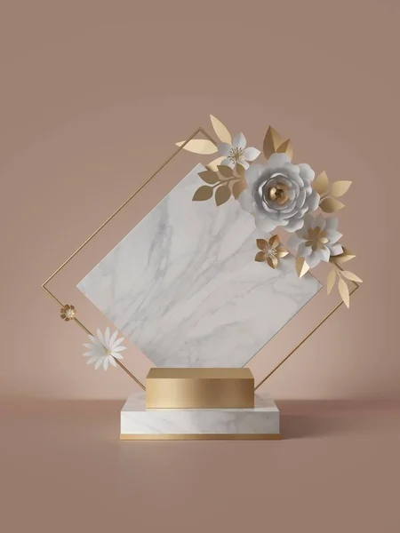 3d render, marble podium, commercial product display pedestal, square arch, paper flowers, floral arrangement, isolated on beige background. Abstract minimal fashion concept, cosmetics poster template — 스톡 사진