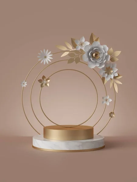 3d render, podio de mármol, arco redondo floral. Pedestal de exhibición de productos comerciales, flores de papel, aisladas sobre fondo beige. Concepto de moda minimalista abstracto, plantilla de póster de cosméticos —  Fotos de Stock