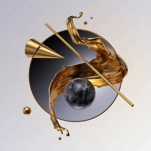 3d render, abstract geometrical composition. Modern minimal style. Golden splash, splashing wave, liquid gold, flying primitive shapes isolated on white background. Cone, black marble ball, tube. — 스톡 사진