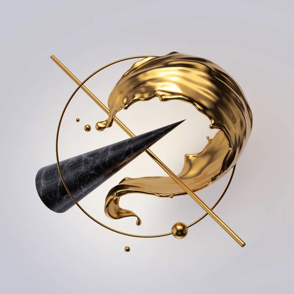3d render. Golden splash, splashing wave, liquid gold, flying primitive shapes isolated on white background. Abstract geometrical design. Modern minimal style. Black marble cone, tube, ball. — 스톡 사진
