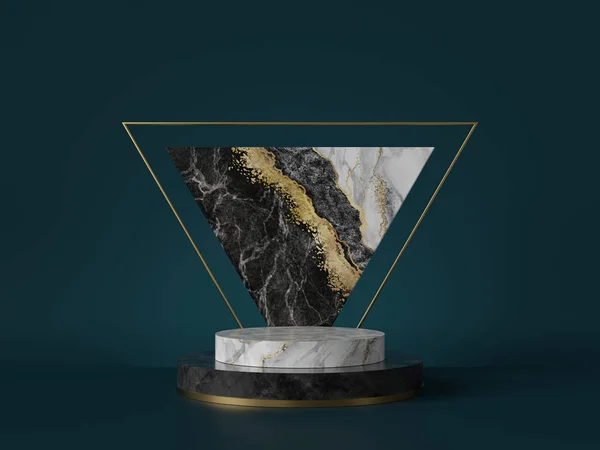 3d render, abstract green background with black white marble texture, gold foil. Cylinder pedestal, podium, showcase stand. Triangular slab, triangle shape, art deco design, luxury minimal mockup — Stock Photo, Image