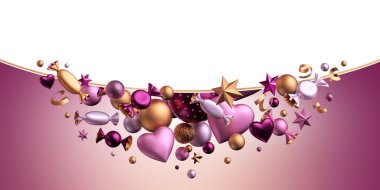 3 boyutlu görüntüleme. Sevgililer Günü geçmişi. Boş zarf şablonu. Uzayı kopyala Çeşitli metalik pembe altın toplar, şeker, bonbon, çikolatalı tatlılar, kalp balonları, yılan. Şenlik Dekoru