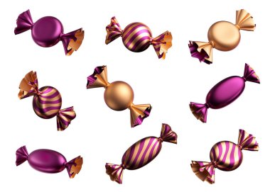 3d render, assorted confectionery clip art: sweets, candies, wrapped chocolates, bonbon, wrapped with shiny metallic foil. Objects isolated on white background, romantic design elements. Sweet snack.