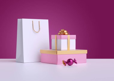 3 boyutlu görüntüleme. Alışveriş çantası, paketlenmiş hediye kutusu, pembe arka planda izole edilmiş şeker. Ticari konsept, poster modeli. Reklam için ürün gösterimi.