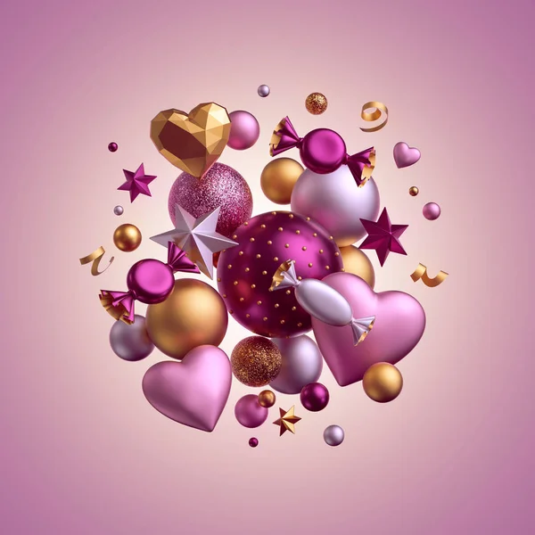 3D-weergave. Valentijnsdag decor. Roze achtergrond. Wenskaart. Geïsoleerde troep ballen, snoep, bonbon, snoep, verpakte chocolaatjes, hartballonnen, serpentijn. Verjaardagsfeest objecten zweven — Stockfoto