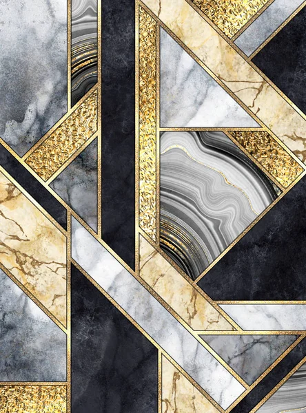 Abstrakter Art-Deco-Hintergrund, moderne Mosaikeinlagen, Textur aus Marmorachat und Gold minimalistisches geometrisches Muster, künstlerisches Kunststeindesign, marmorierte Fliese, luxuriöse Mode Marmorierung Illustration — Stockfoto