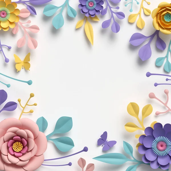 3D render, τετράγωνο floral frame με αντιγραφικό χώρο. Αφηρημένη κομμένα λουλούδια χαρτί απομονώνονται σε λευκό, βοτανικό φόντο. Τριαντάφυλλο, μαργαρίτα, ντάλια, πεταλούδα, φύλλα σε παστέλ χρώματα. Απλό πρότυπο κάρτας — Φωτογραφία Αρχείου