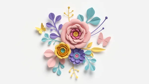 3D render, abstrakt skurna papper blommor isolerad pÃ ¥vit, botanisk bakgrund, festliga blomsterarrangemang. Ros, tusensköna, dahlia, fjäril och blad i pastellfärgspalett. Enkel modern väggdekor — Stockfoto