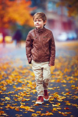 sevimli çocuk sonbahar şehrin içinden sokak yürüyüş