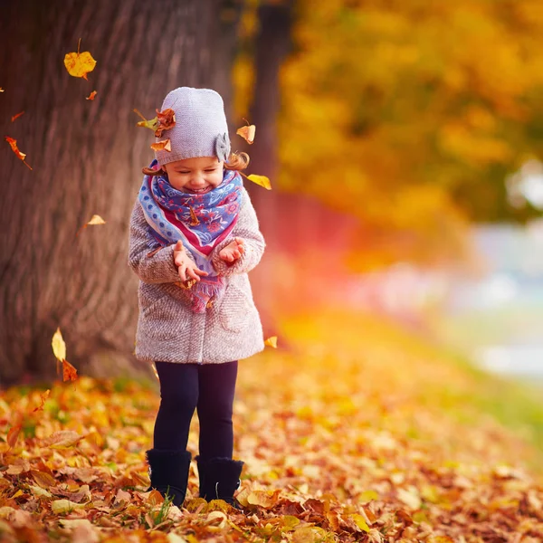 Linda menina feliz bebê se divertindo no parque de outono — Fotografia de Stock