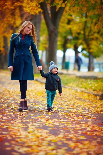 Giovane madre con piccolo figlio che cammina sulla strada autunnale — Foto Stock