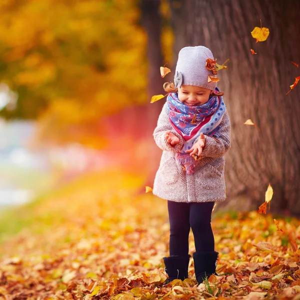 Linda menina feliz se divertindo no parque de outono, entre folhas caídas — Fotografia de Stock