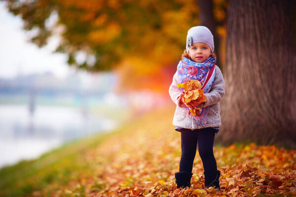 beautiful baby girl having fun in autumn park, among fallen leaves