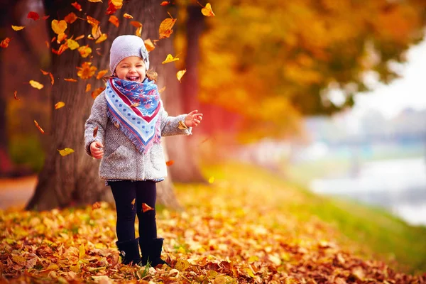 Bella bambina felice divertirsi nel parco autunnale, tra foglie cadute — Foto Stock