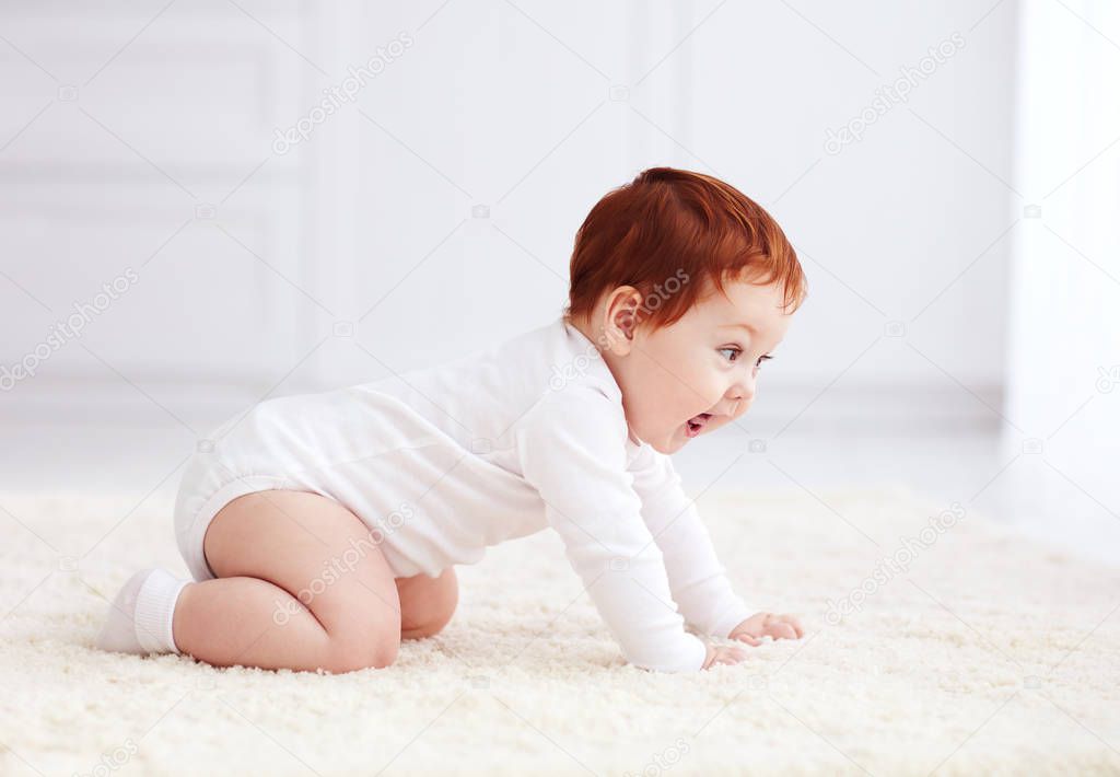 happy, nine months old baby crawling on carpet at home