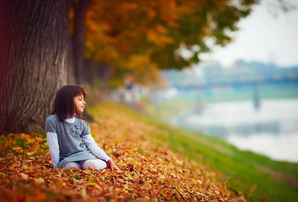 Glückliches junges Mädchen sitzt in fallendem Laub im Herbstpark — Stockfoto