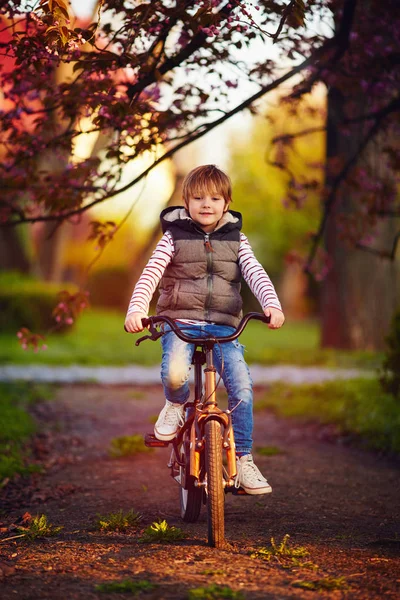 Lindo niño montando una bicicleta a través del parque de primavera — Foto de Stock