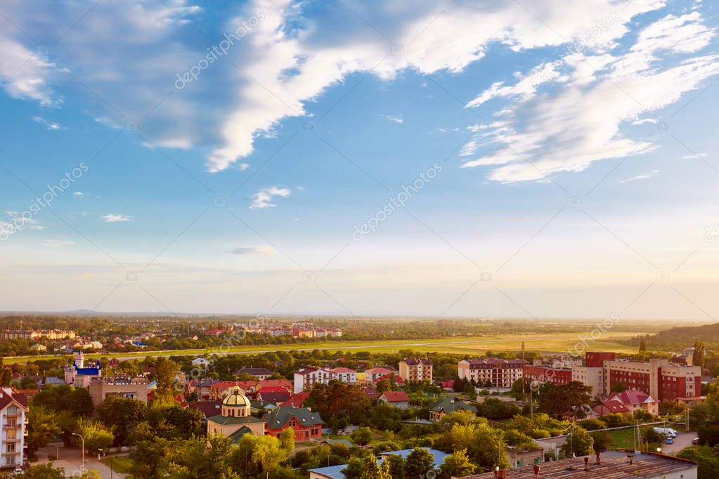 view on green cityscape in sunset light. Uzhhorod, Ukraine
