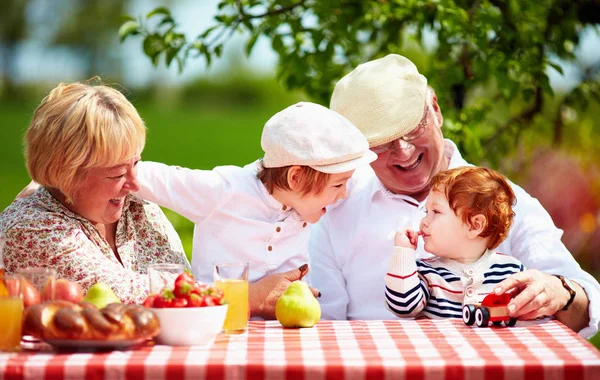 Abuelos felices con nietos sentados en el escritorio en el jardín de primavera — Foto de Stock