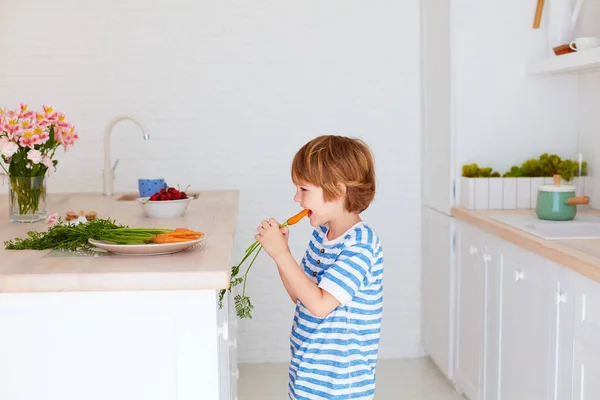 Милый ребенок, мальчик ест вкусную свежую морковку на кухне — стоковое фото
