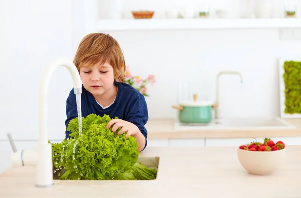 Jongen, kind wassen sla bladeren onder water van de kraan in de keuken — Stockfoto