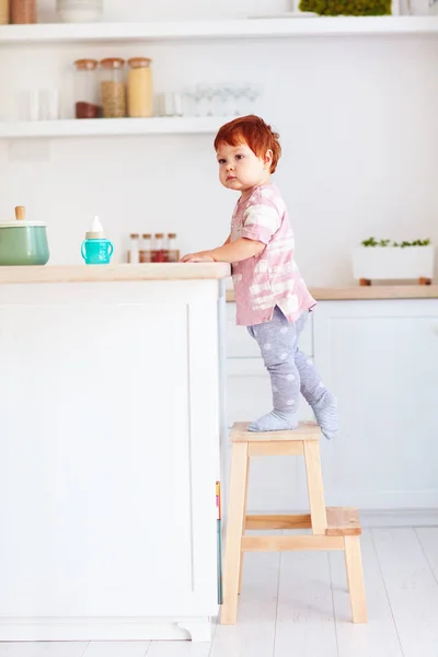 Cute toddler baby climbs on step stool, trying to reach things on the high desk on the kitchen — Stock Photo, Image