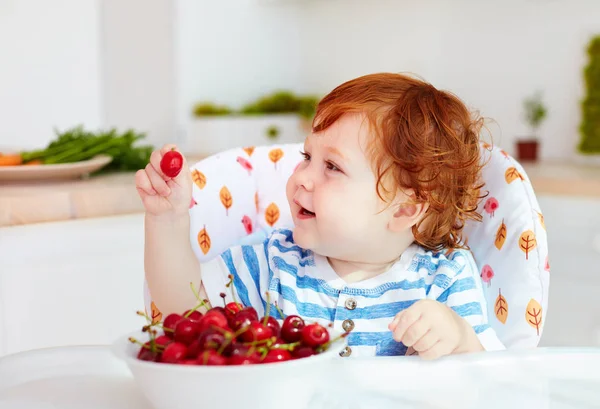 Bebê ruiva bonito degustação de cerejas doces enquanto sentado em cadeira alta na cozinha — Fotografia de Stock