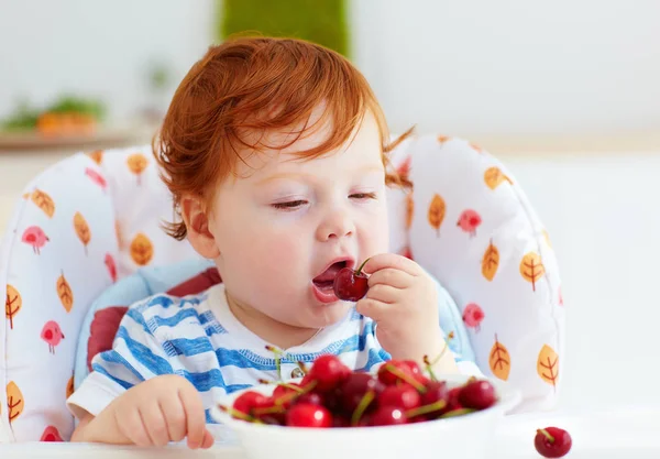 Bayi berambut merah lucu mencicipi ceri manis sambil duduk di kursi tinggi di dapur — Stok Foto