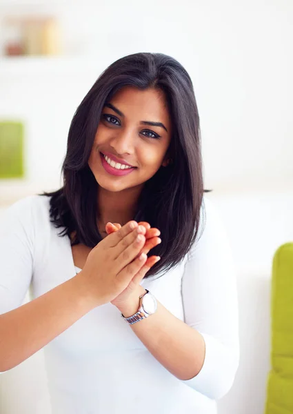 Beautiful, happy indian woman with greeting gesture — Stock Photo, Image