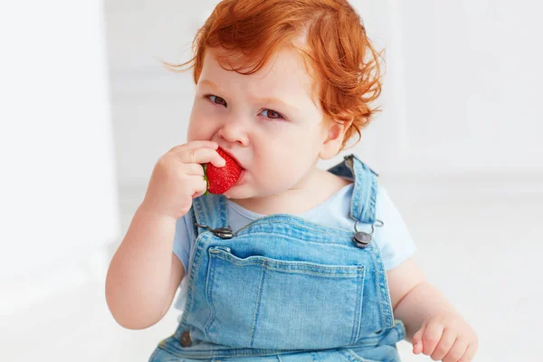 Bonito gengibre criança bebê degustação morangos — Fotografia de Stock