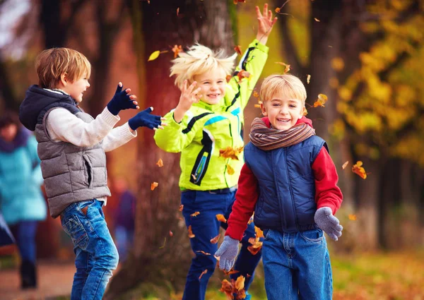 Boldog meg, iskolások szórakozás a lehullott levelek között őszi park — Stock Fotó