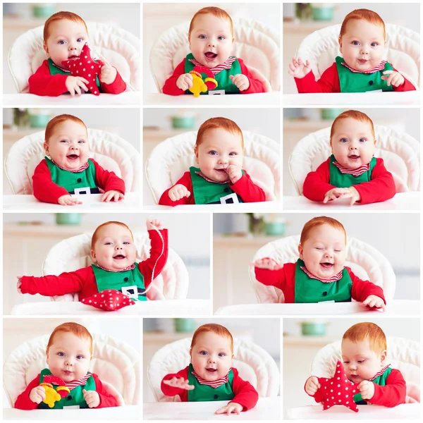 Set of cute happy infant baby boy in elf costume sitting in highchair — Stock Photo, Image