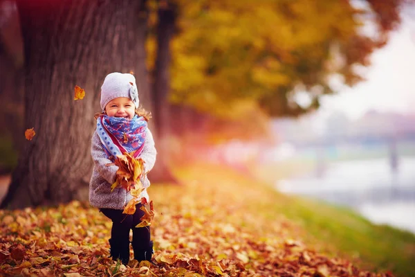 Schattig gelukkig meisje speelt met gevallen bladeren in de herfst park — Stockfoto