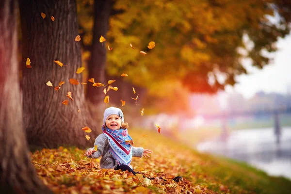 Schattig happy babymeisje gooien de gevallen bladeren omhoog, spelen in het najaar park — Stockfoto