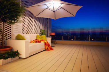 güzel bir modern çatı veranda, Şehir Manzaralı akşam ile Teras