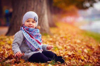 mutlu bebek kız düşmüş oturan sonbahar parkta bırakır