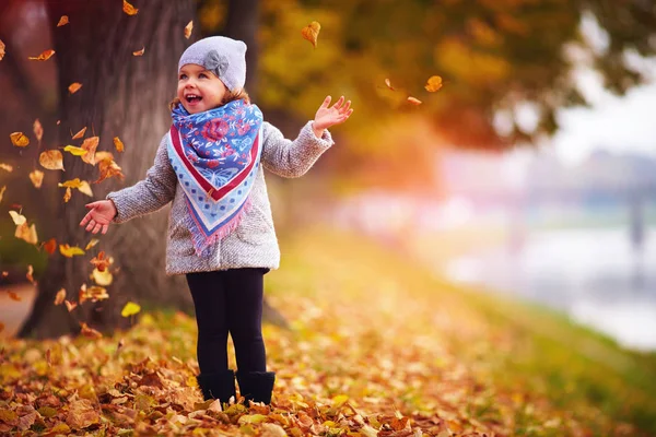 Entzückendes glückliches kleines Mädchen, das die umgefallenen Blätter aufwirft und im Herbstpark spielt — Stockfoto